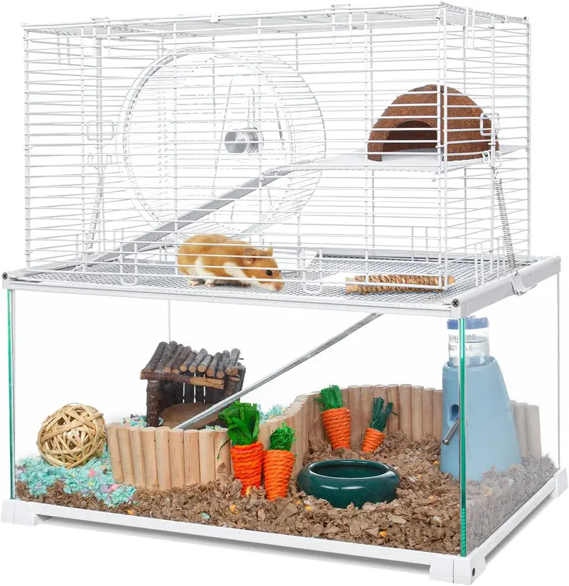 3-Tier Large Hamster Habitat ¨C Glass Base with Openable Wire Top, Ramps, Ladders &amp; Waterproof PVC Tray