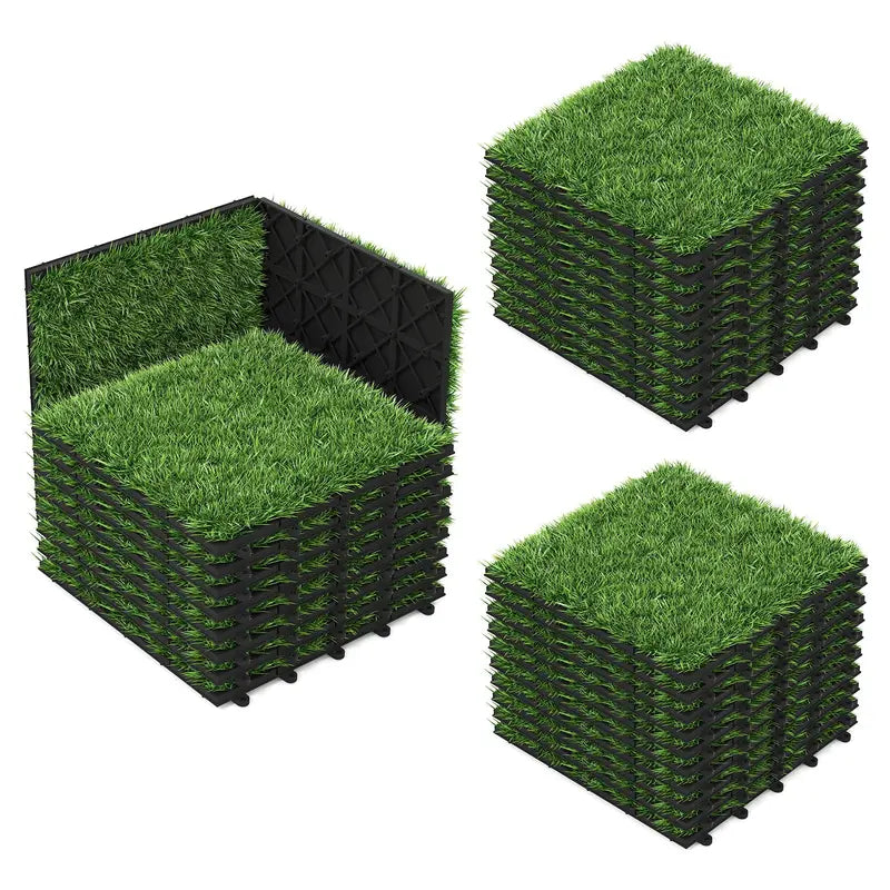 30-Pack 12-Inch by 12-Inch Synthetic Grass Turf Tiles ¨C Interlocking Artificial Lawn for Patios, Play Areas, and Landscaping