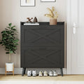 32″ Farmhouse-Style Shoe Cabinet ¨C Barn Door Design, 2 Flip-Top Drawers, Adjustable Shelves