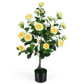 35.5-Inch Faux Camellia Tree with Cement Planter ¨C Lifelike Blooming Plant