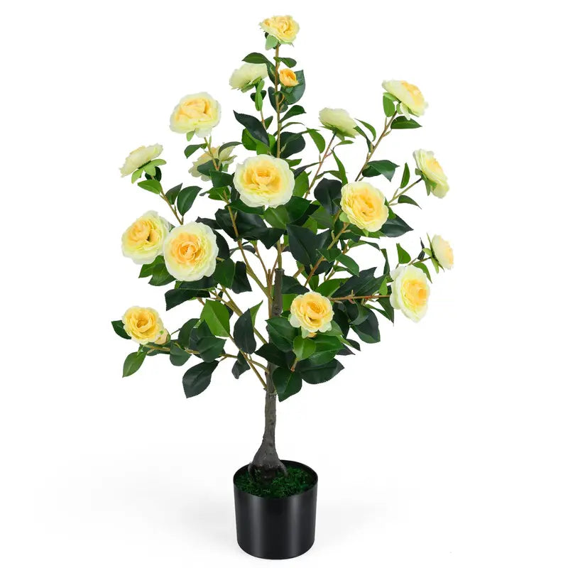 35.5-Inch Faux Camellia Tree with Cement Planter ¨C Lifelike Blooming Plant