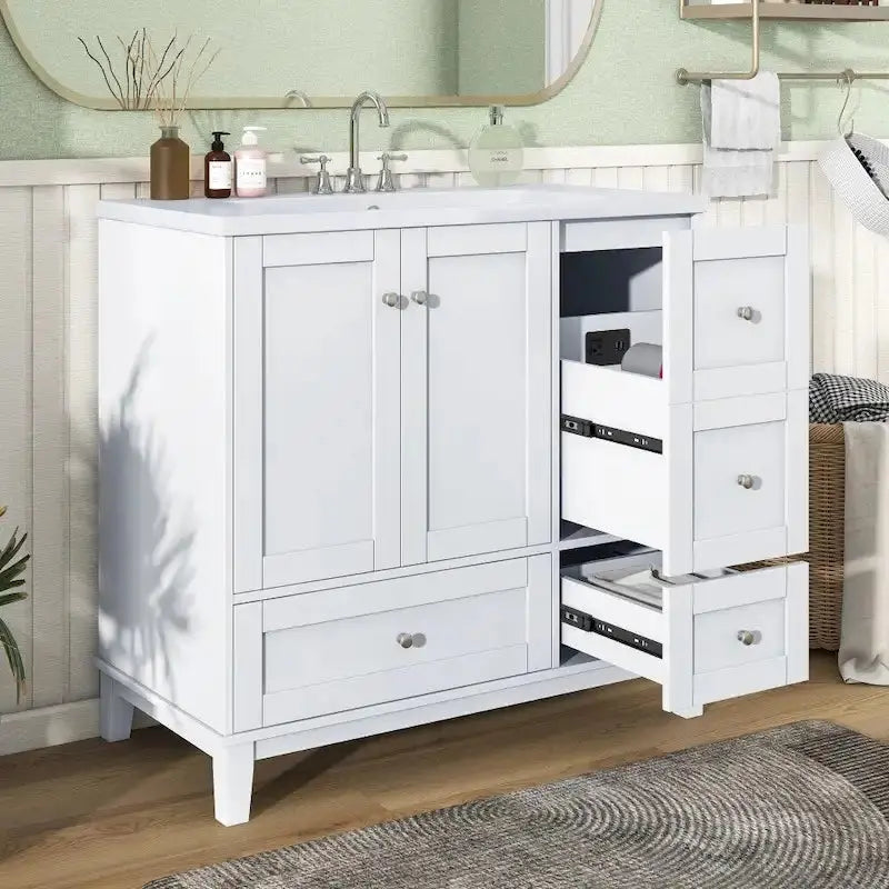 36-Inch Bathroom Vanity ¨C Solid Wood Frame, Resin Sink, USB Charging Port &amp; 3-Drawer Storage