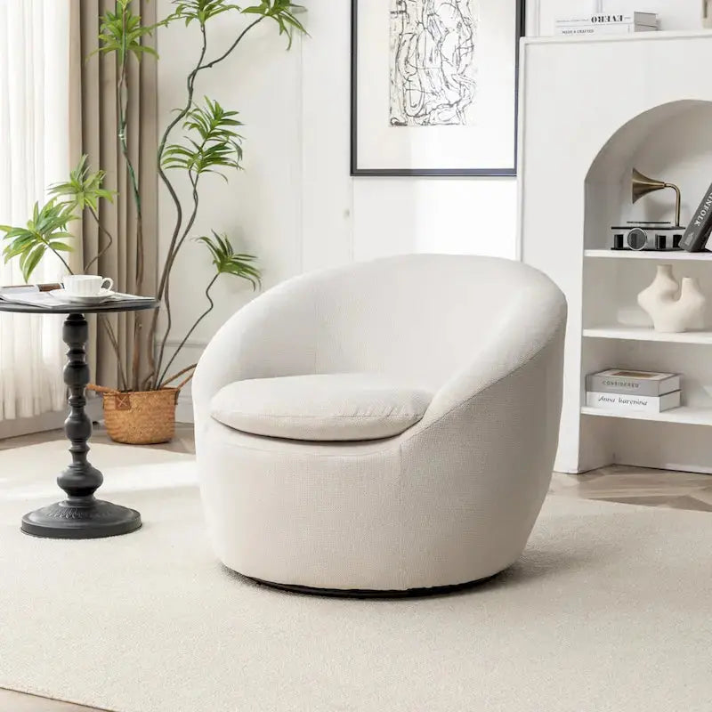 360-Degree Swivel Barrel Chair Wrapped in Textured Boucl¨¦ Fabric
