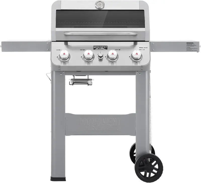 4-Burner Silver Stainless Steel Propane Grill ¨C Mesa400MF with Clearview Lid &amp; Foldable Side Shelf