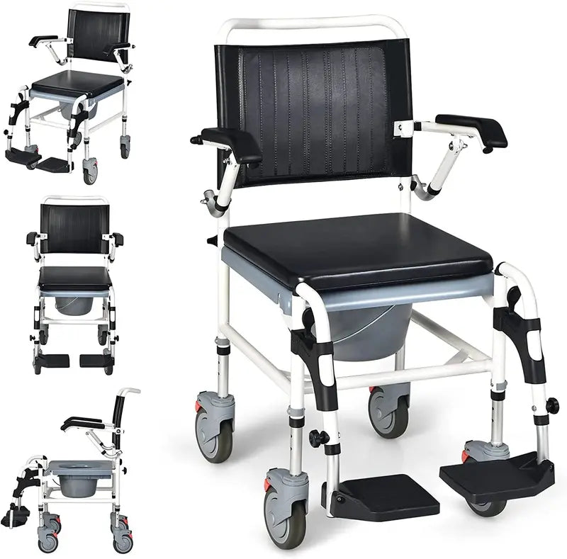 4-in-1 Adjustable Bedside Commode Chair ¨C Shower Wheelchair with Removable Bucket &amp; Ergonomic Padding