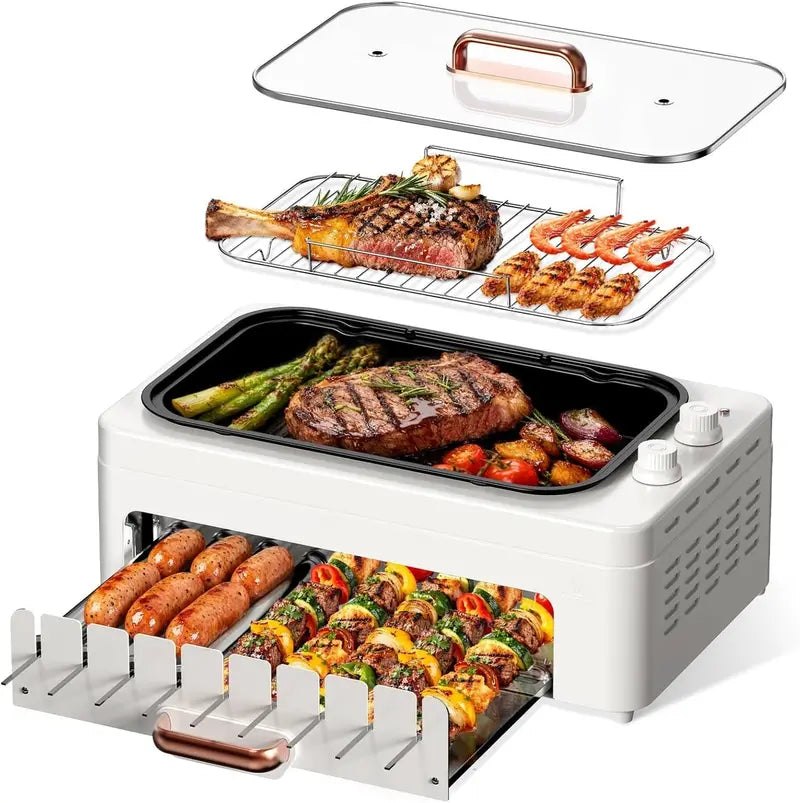 4-in-1 Countertop Indoor Grill ¨C Sizzling Pan, Grate, Rotating Kabob Skewers &amp; Hot Dog Roller