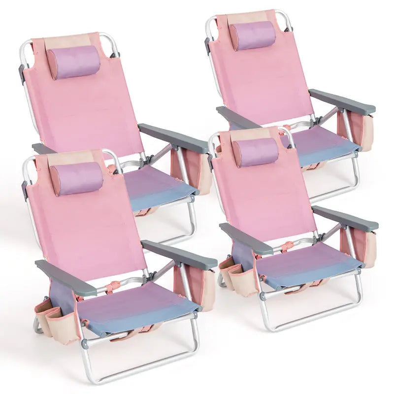 4-Pack Portable Backpack Beach Chairs Featuring Built-in Cooler Bag &amp; Cup Holders