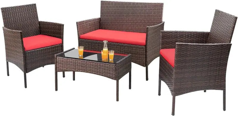 4-Piece Rattan Patio Chair Set ¨C Indoor/Outdoor Wicker Seating for Balcony, Garden, or Poolside (Red)