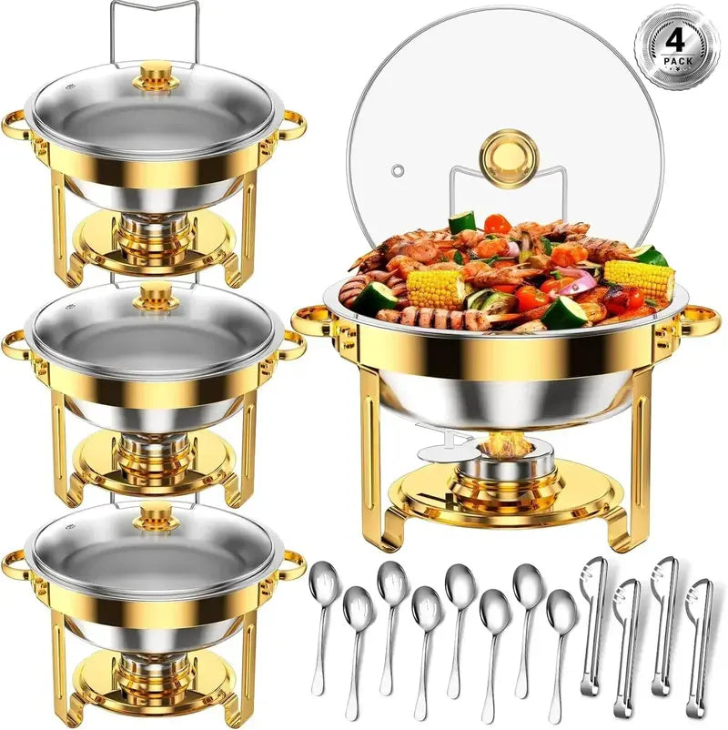 4-Piece Round Chafing Dish Set ¡ª 5-Quart Buffet Serving Trays with Stainless Steel Lids &amp; Fuel Holders