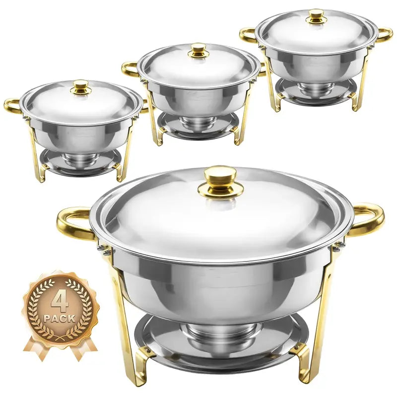 4-Piece Round Chafing Dish Set ¨C 6-Quart Buffet Warmers in Elegant Gold &amp; Silver Finish, Stainless Steel