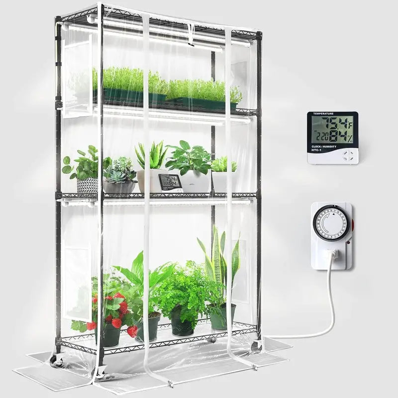 4-Tier LED Mini Greenhouse ¨C Portable Indoor Plant Stand with Wheels, Grow Lights, Timer, Thermo-Hygrometer, and Enclosed Tent (35.4″ x 13.8″ x 59″)
