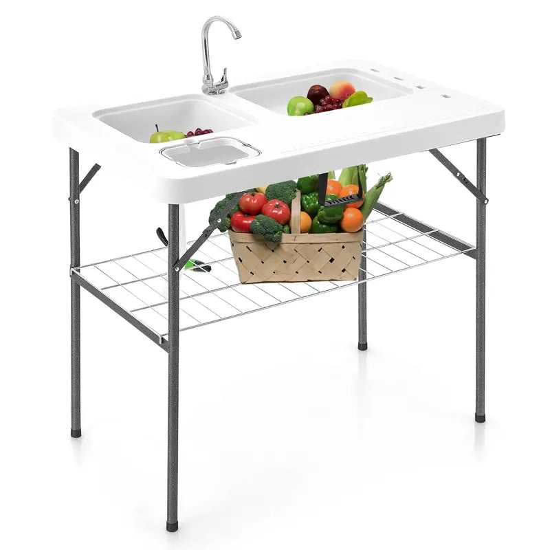 40-Inch Folding Fish Cleaning Table ¨C Dual Stainless Steel Basins and Portable Design