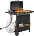 4+1 Burner Propane BBQ Grill ¨C Portable Gas Grill with Side Burner, Thermometer, Lid, Wheels, Grease Cup &amp; Accessory Rack (Black)