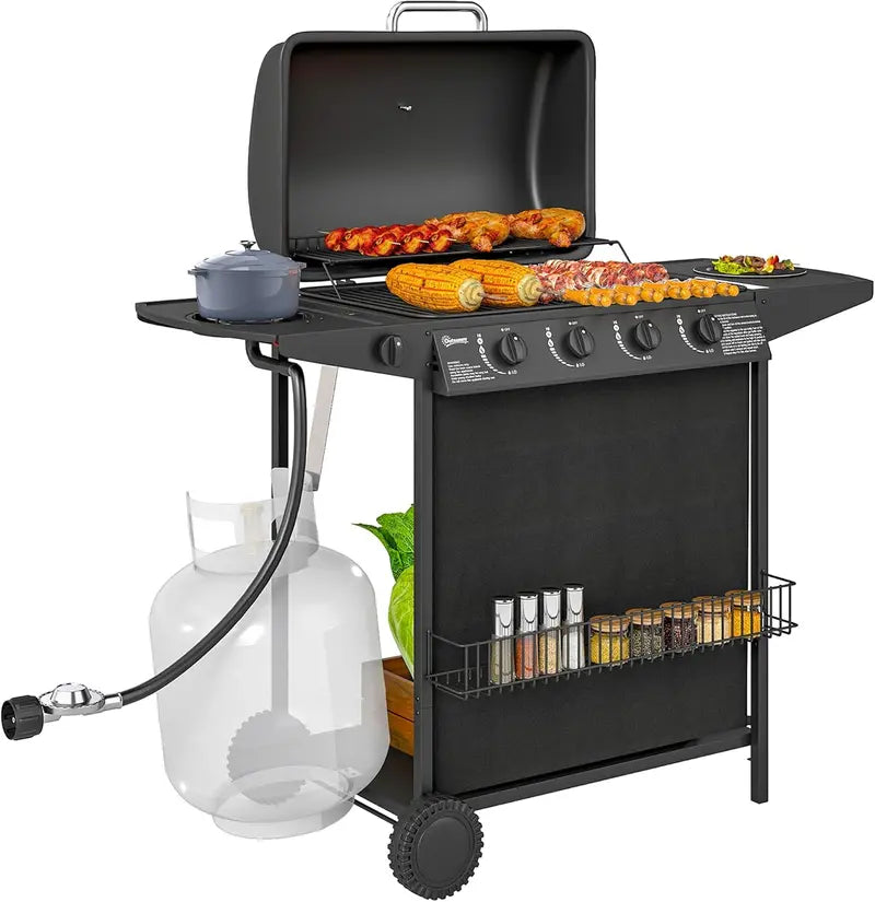 4+1 Burner Propane BBQ Grill ¨C Portable Gas Grill with Side Burner, Thermometer, Lid, Wheels, Grease Cup &amp; Accessory Rack (Black)