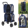 42-Inch Navy Blue Double Pet Stroller ¨C Foldable, Four-Wheel Design with Suspension for Two Dogs or Cats