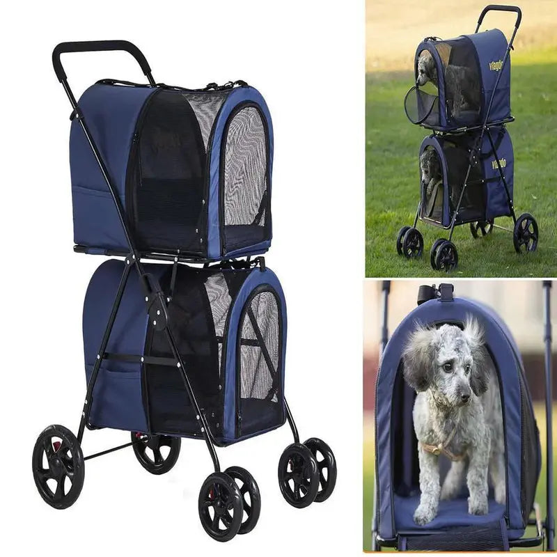 42-Inch Navy Blue Double Pet Stroller ¨C Foldable, Four-Wheel Design with Suspension for Two Dogs or Cats