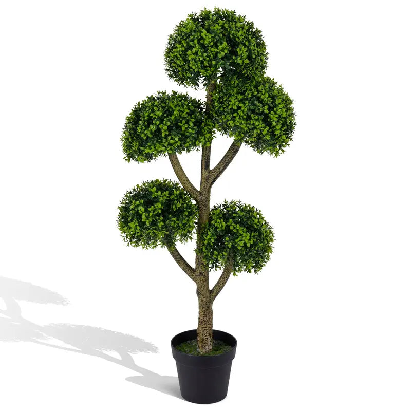 46-Inch Artificial Boxwood Topiary Tree Featuring Five Spherical Greenery Clusters