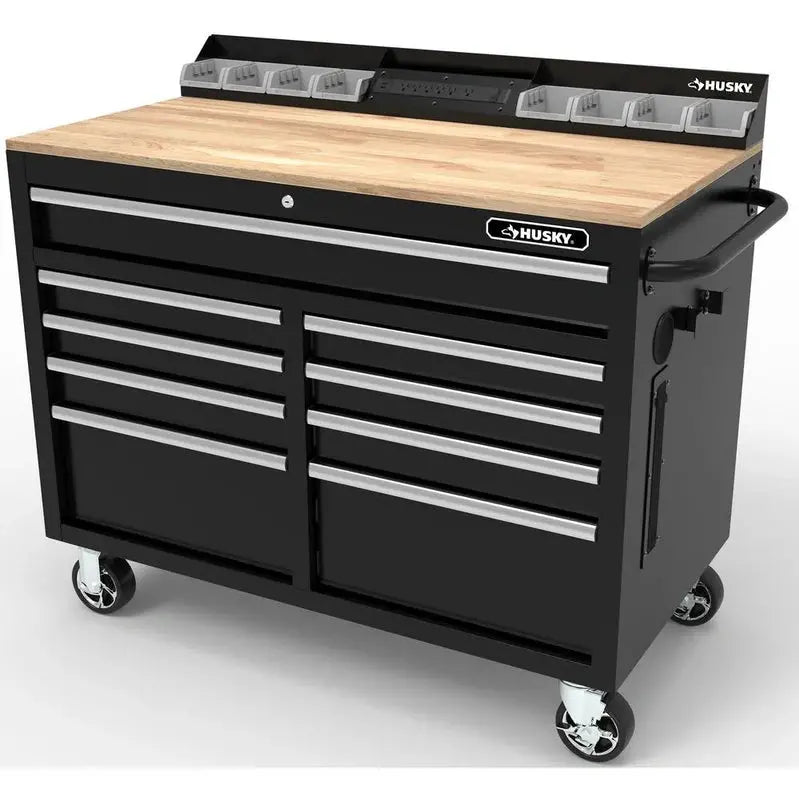 46-Inch Gloss Black 9-Drawer Mobile Workbench ¨C Hardwood Top &amp; Built-in Power Station