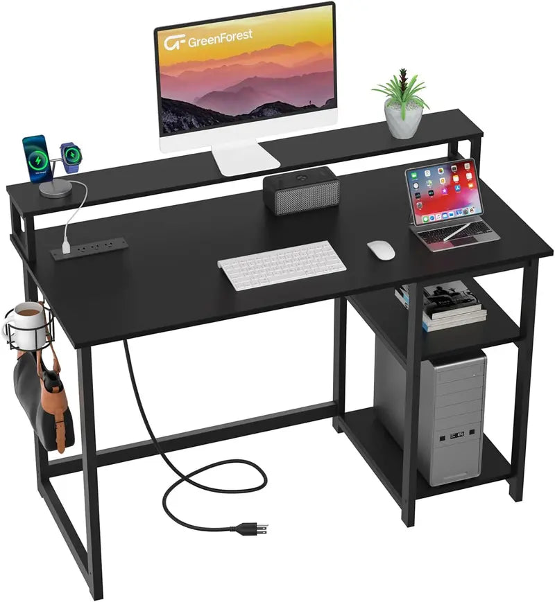 47-Inch Modern Computer Desk with Built-in Power Outlets ¨C Ergonomic Monitor Stand, Reversible Gaming &amp; Study Desk in White