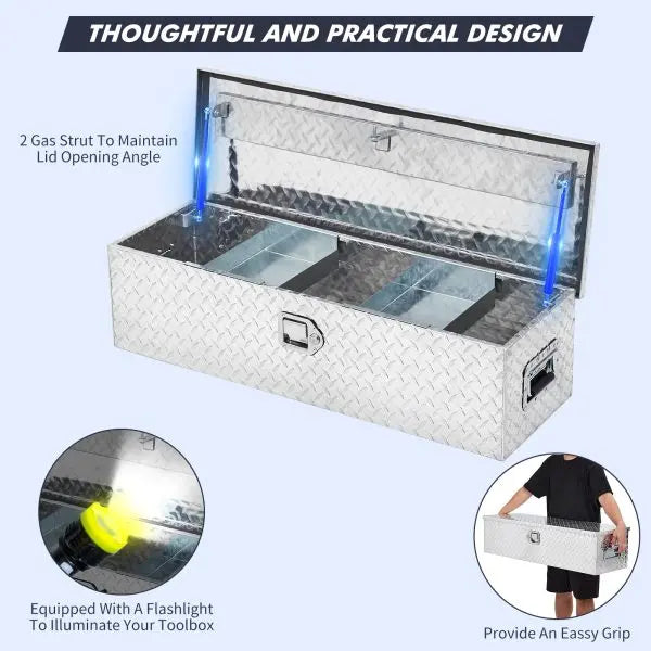 48-Inch Diamond-Plate Aluminum Truck Bed Toolbox with Internal Shelf ¨C Silver Finish