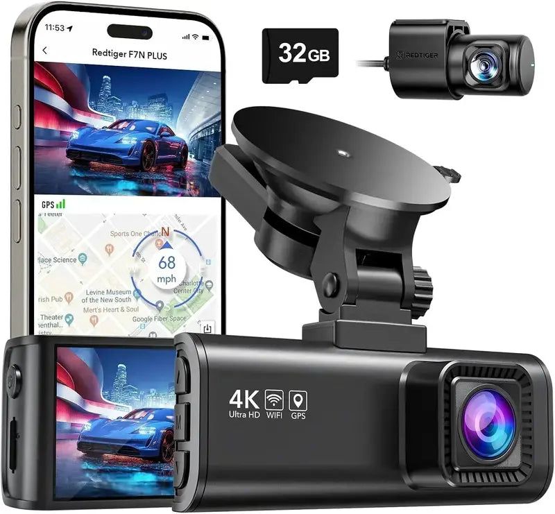 4K/2.5K Full HD Dual Dash Cam with Wi-Fi, GPS, and Preloaded 32GB Memory Card