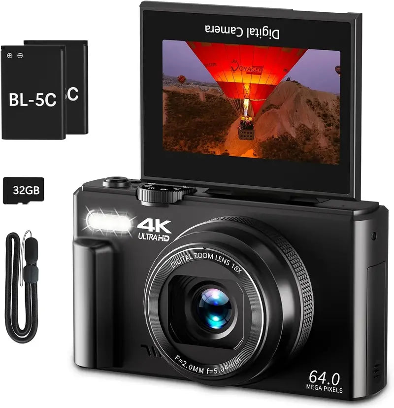 4K 64MP Vlogging Camera for Beginners ¨C 3-Inch 180¡ã Flip Screen, 18x Zoom, Includes 32GB SD Card