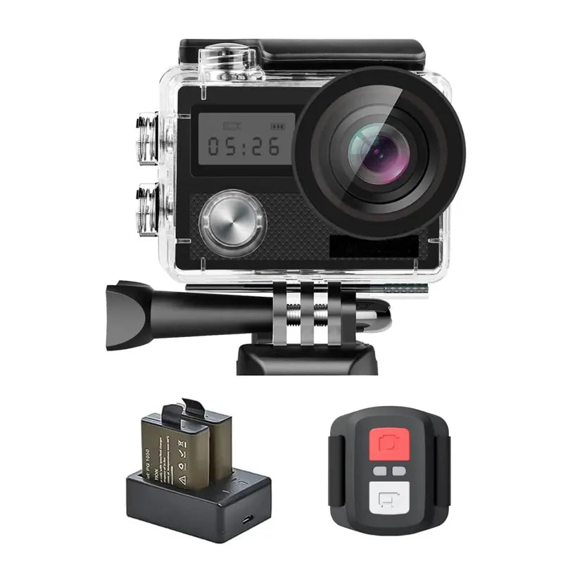 4K Dual-Screen Action Camera with Waterproof Housing, WiFi, and Mount Kit