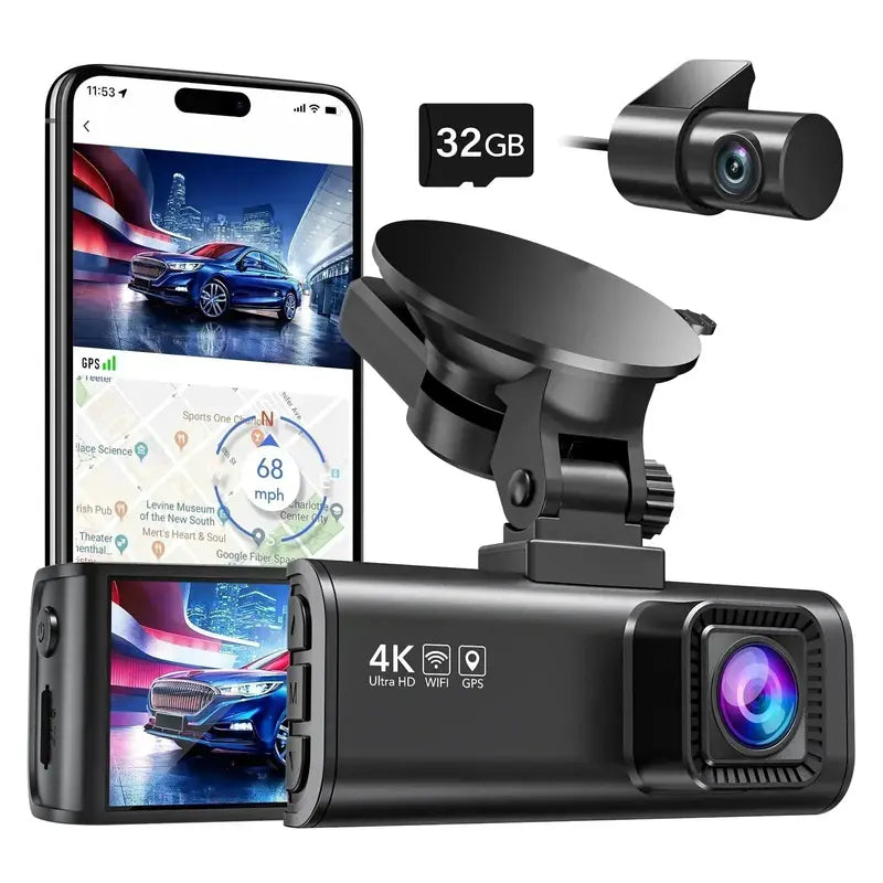 4K Front and Rear Dash Cam for Cars with 32GB Card Included