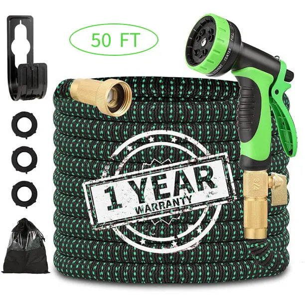 50 FT Flexible and Expandable Garden Hose – Strongest Triple Latex Core with 3/4″ Solid Brass Fittings and 8 Function Spray Nozzle, Easy Storage Kink Free Water Hose
