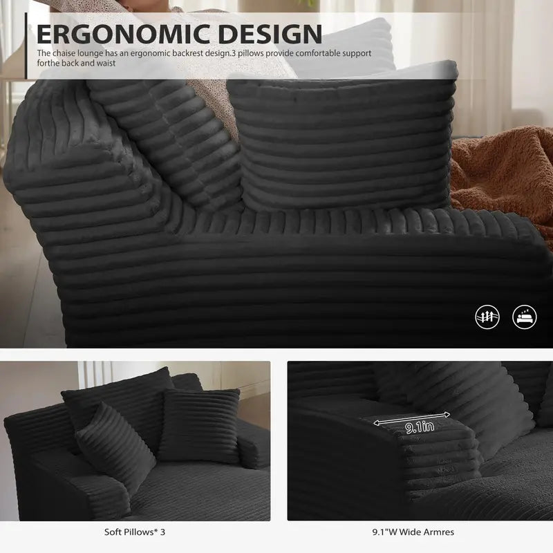 50-Inch Corduroy Chaise Lounge Chair ¡ª Oversized Boneless Sofa Bed with Deep Seat, Dark Grey (No Assembly)
