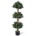 51-Inch Artificial Triple-Ball Boxwood Topiary Tree with 59 Blossoms and Weighted Plastic Pot