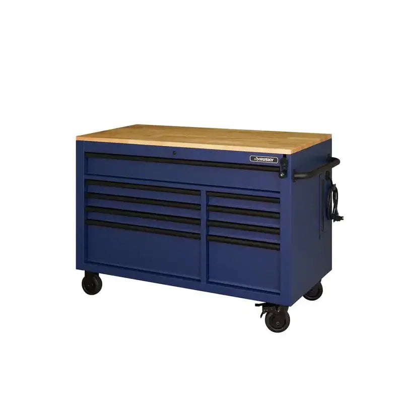 52 in. Matte Blue Mobile Workbench ¨C 9-Drawer Adjustable-Height Unit with Solid Wood Top